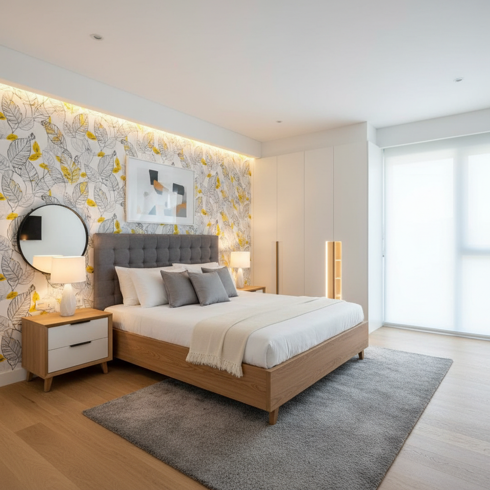 Modern Master Bedroom Design With Leafy Wallpaper