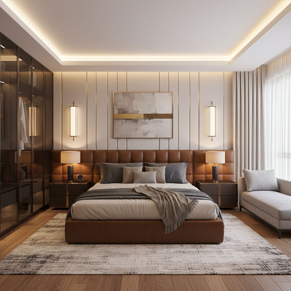 Modern Master Bedroom Design with Leather Headboard King Bed