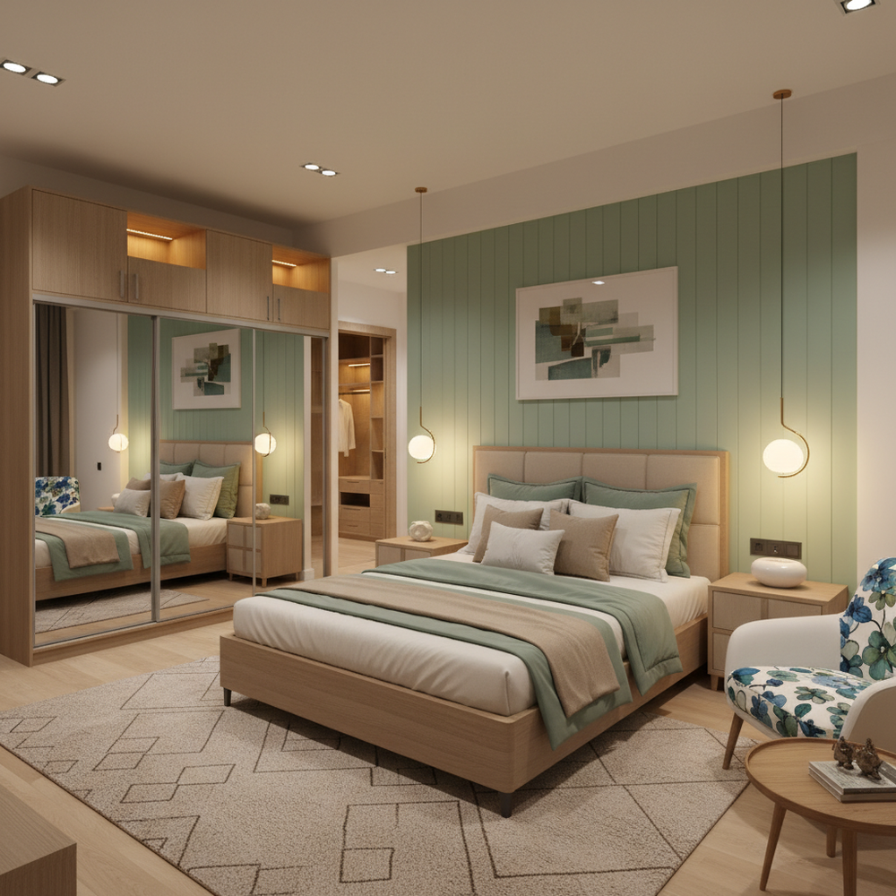 Modern Master Bedroom Design With Light Brown Sliding Wardrobe And Floral Accent Chair