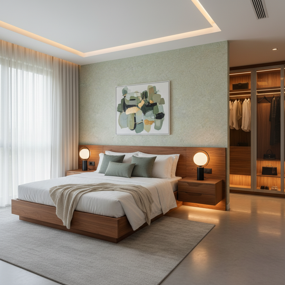 Modern Master Bedroom Design With Light Green Wallpaper