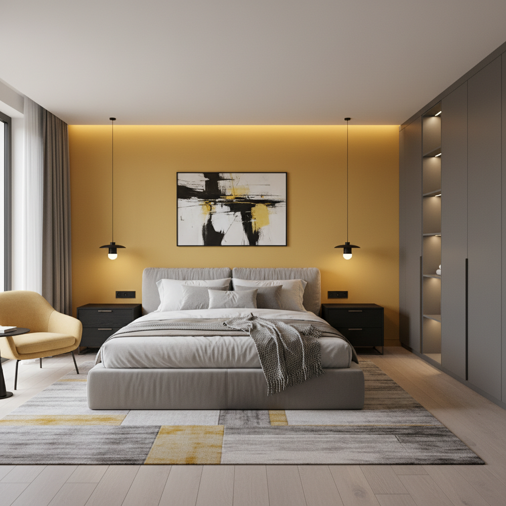 Modern Master Bedroom Design with Light Grey Bed and Yellow Wall Accent