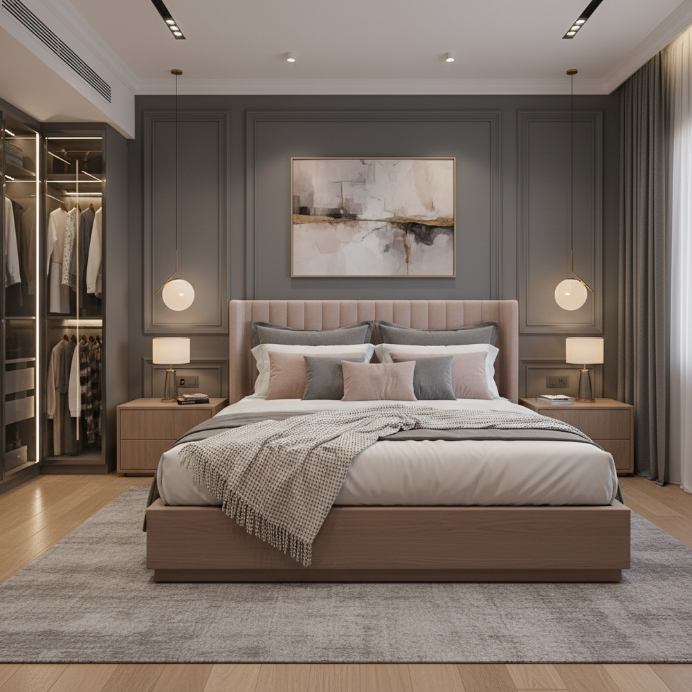 Modern Master Bedroom Design with Light Pink Tufted Headboard King Bed