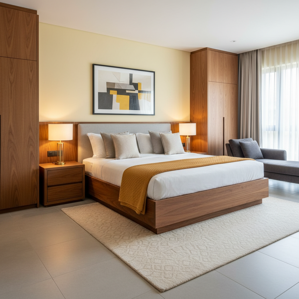 Modern Master Bedroom Design With Light Yellow Walls