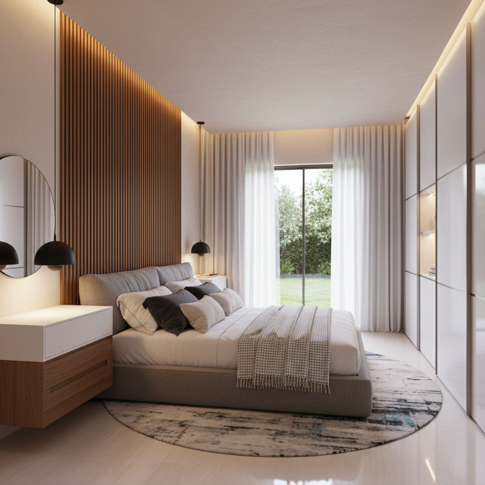 Modern Master Bedroom Design with Low Bed and Slatted Feature Wall