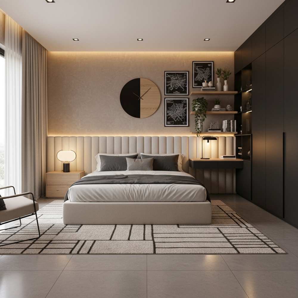 Modern Master Bedroom Design with Low-Profile Bed and Built-In Desk