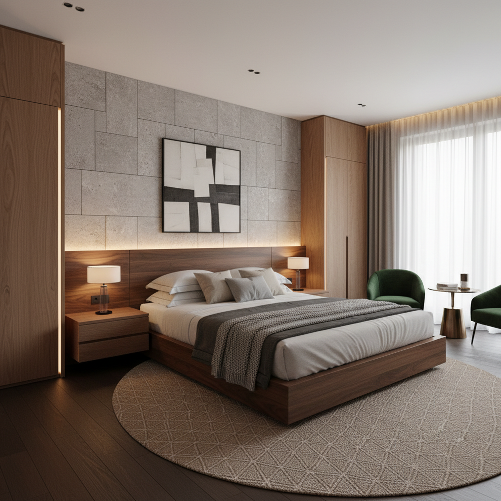 Modern Master Bedroom Design with Stone-Like Wall Finish and Low-Profile Platform Bed