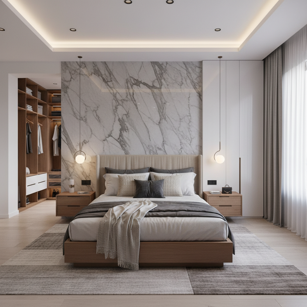 Modern Master Bedroom Design With Marble Accent Wall