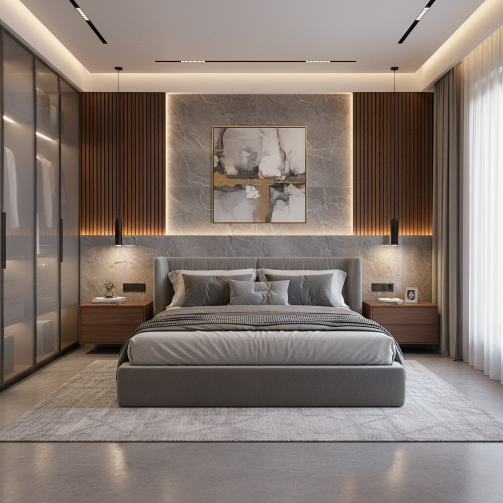 Modern Master Bedroom Design With Marble And Wooden Wall Design