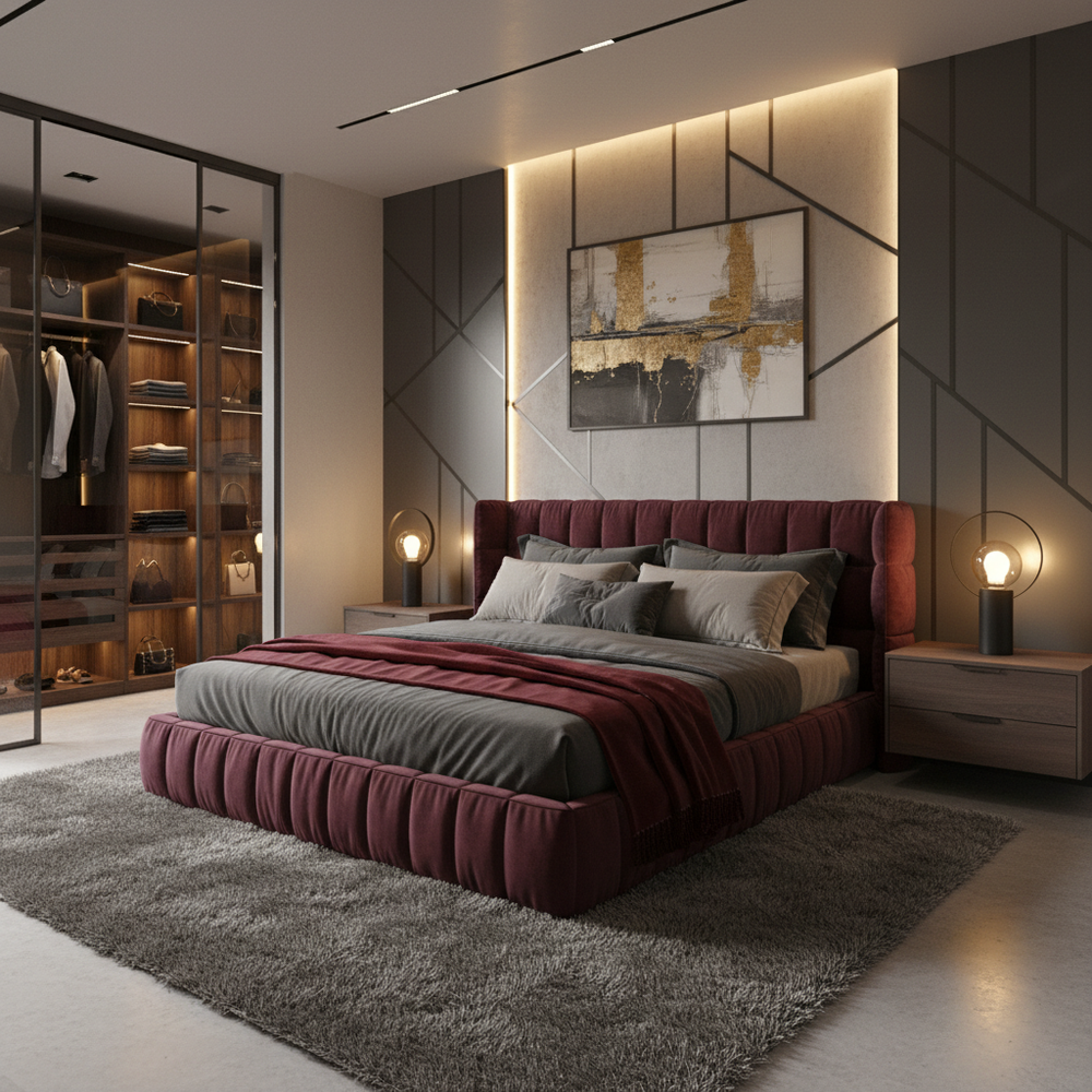 Modern Master Bedroom Design With Maroon Upholstered Bed