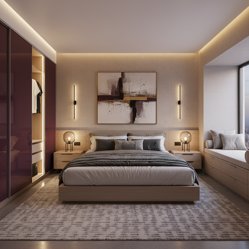 Modern Master Bedroom Design With Maroon Wardrobe Shutters And Bay Window Seating