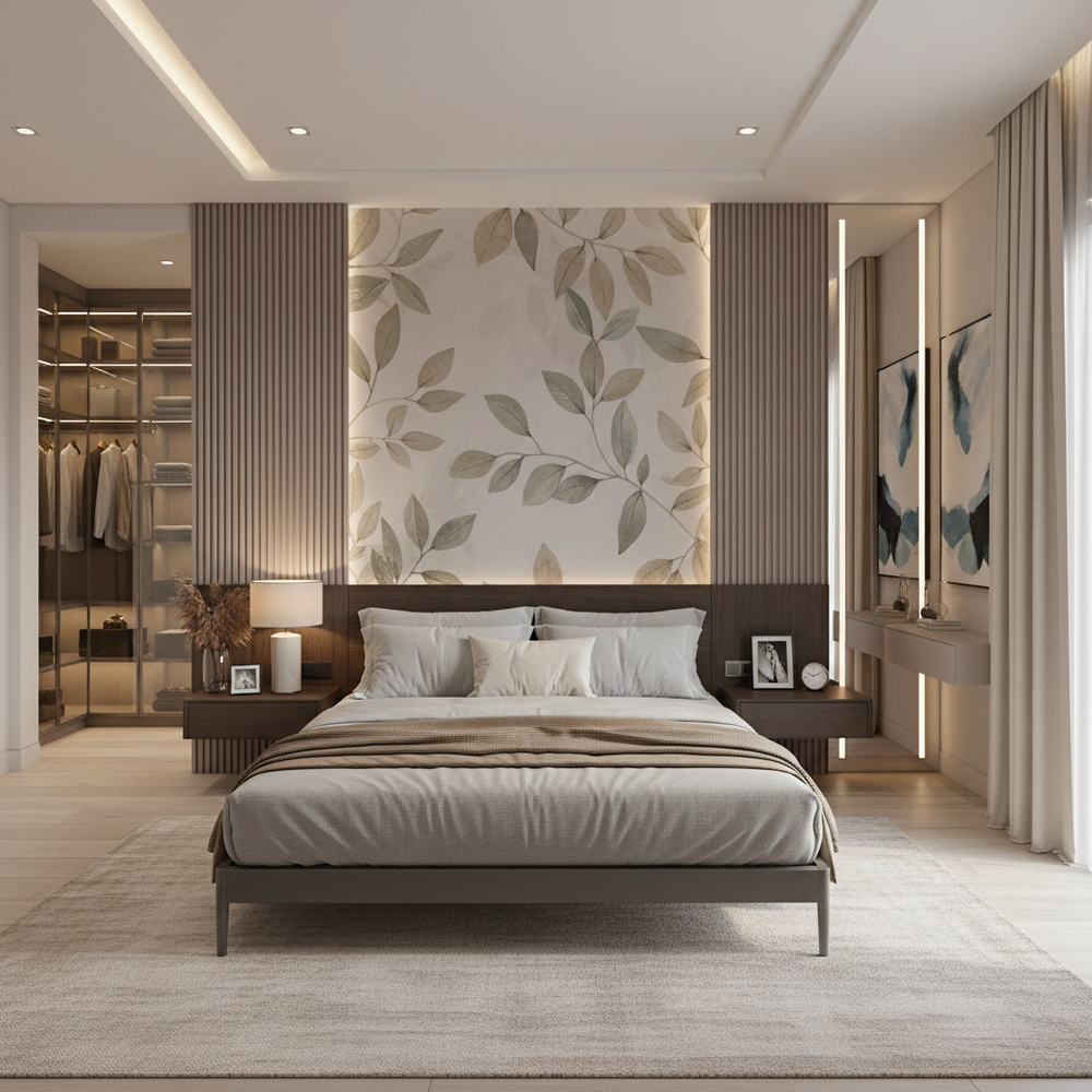 Modern Master Bedroom Design with Mauve Slatted Wall Paneling and Botanical Wall