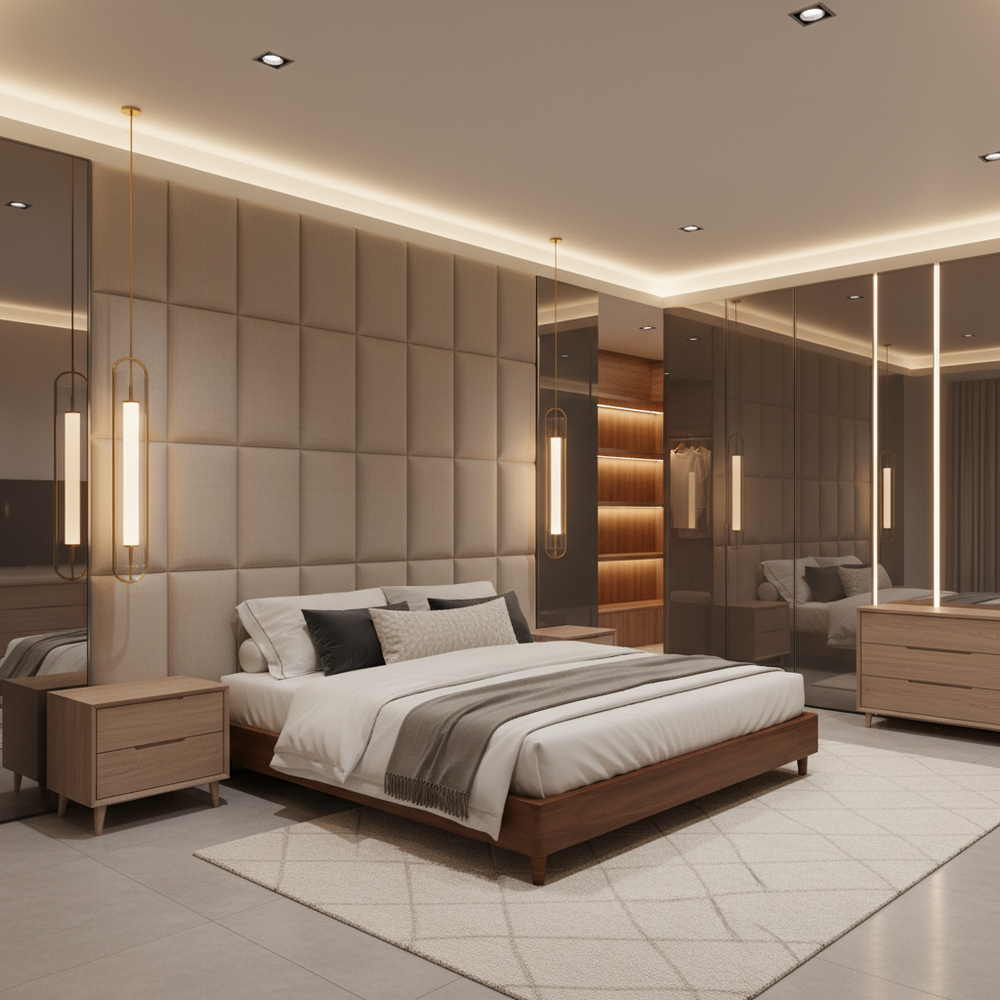 Modern Master Bedroom Design With Mirrored Wardrobe and Padded Headboard Bed