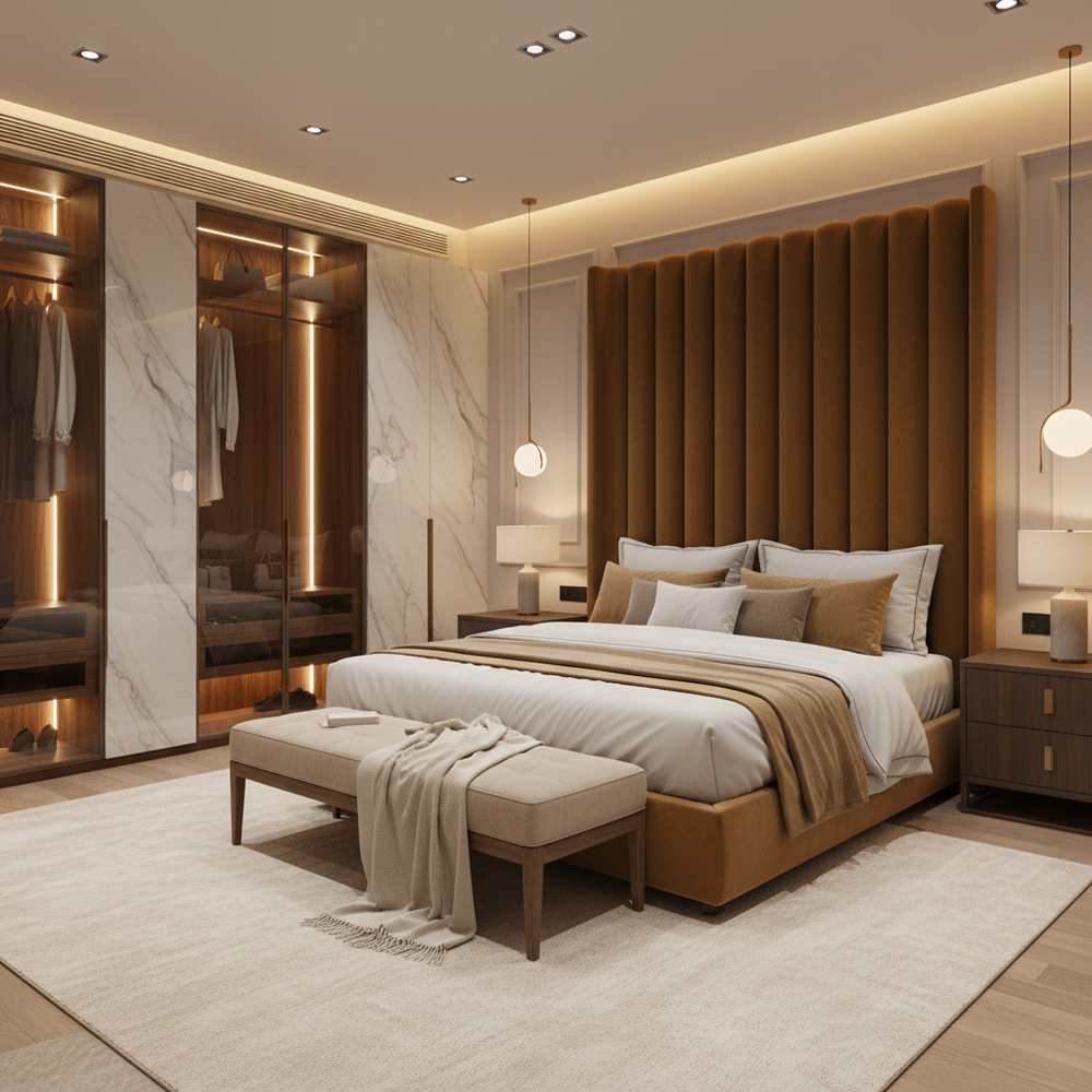 Modern Master Bedroom Design with Mustard Tufted Headboard and Marble Wardrobe