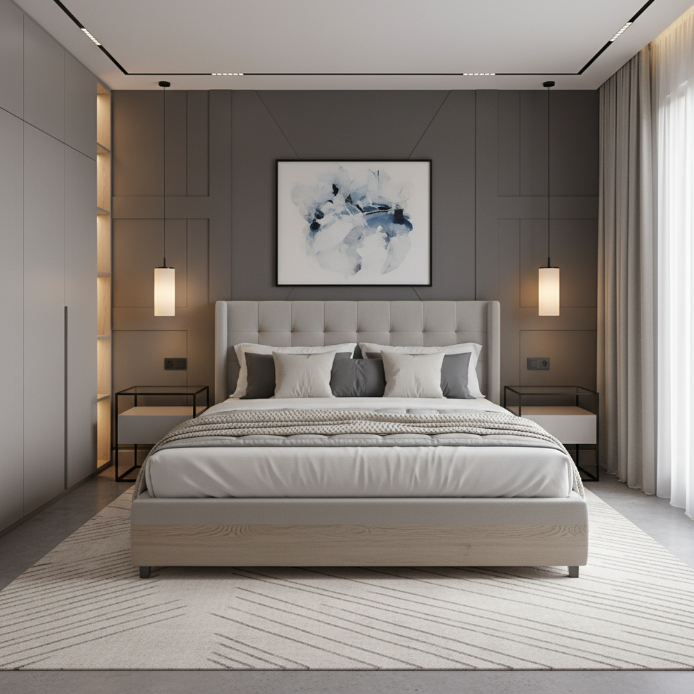 Modern Master Bedroom Design With Pale Grey Double Bed