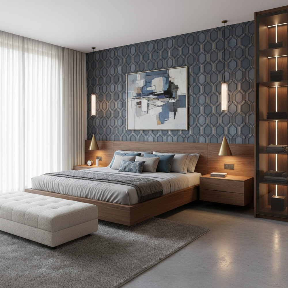 Modern Master Bedroom Design With Patterned Wallpaper