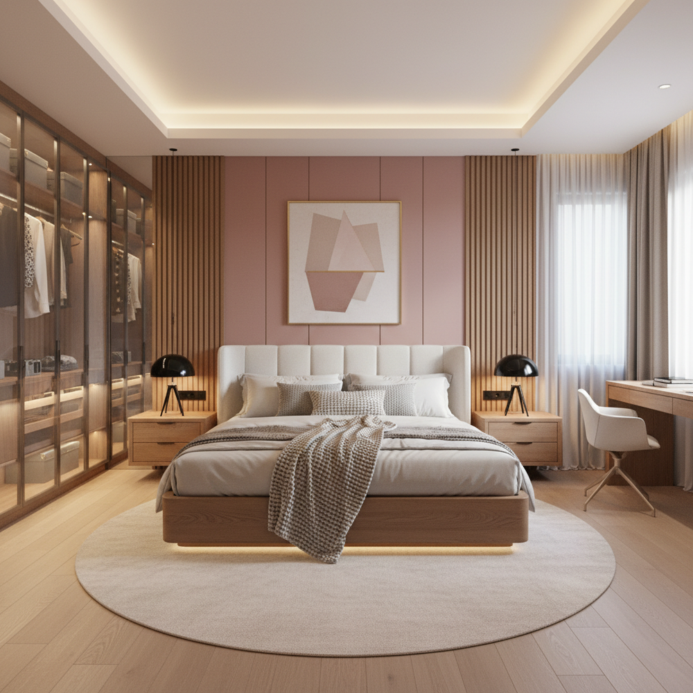 Modern Master Bedroom Design With Pink Accent Wall