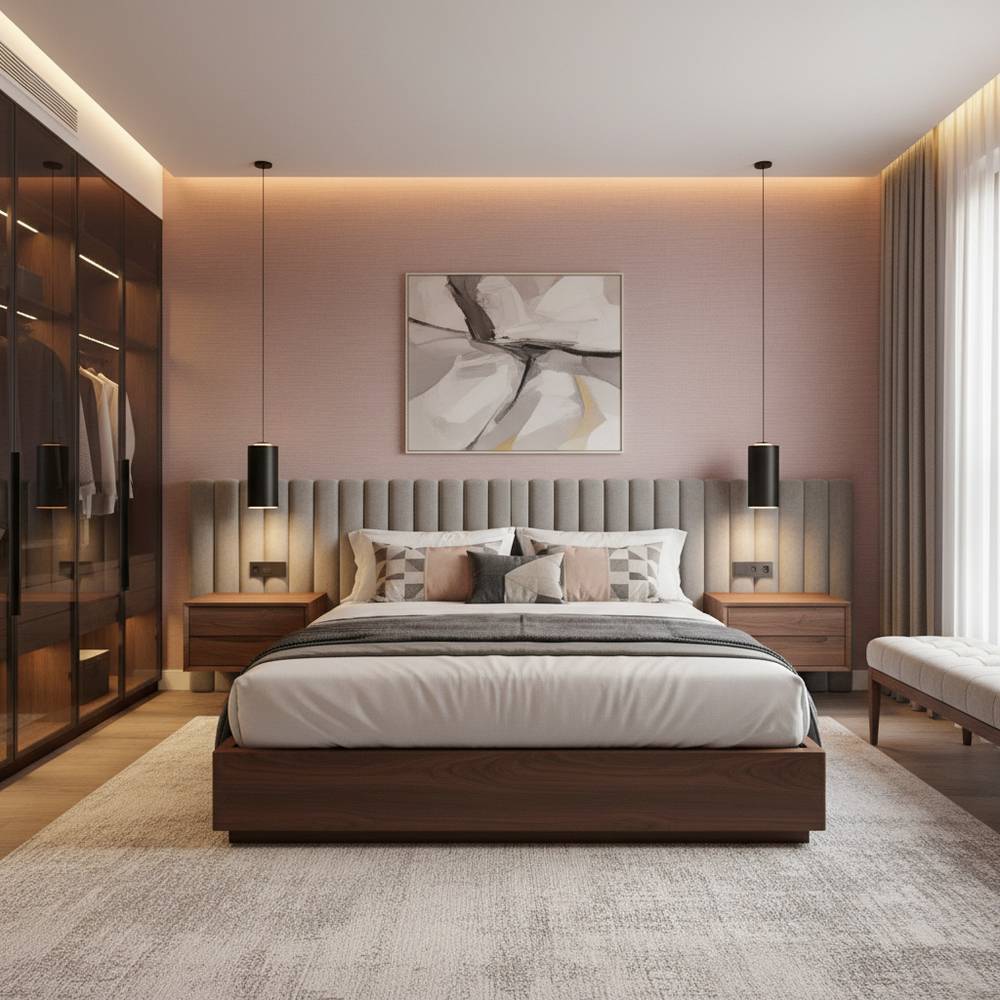 Modern Master Bedroom Design With Pink Textured Walls