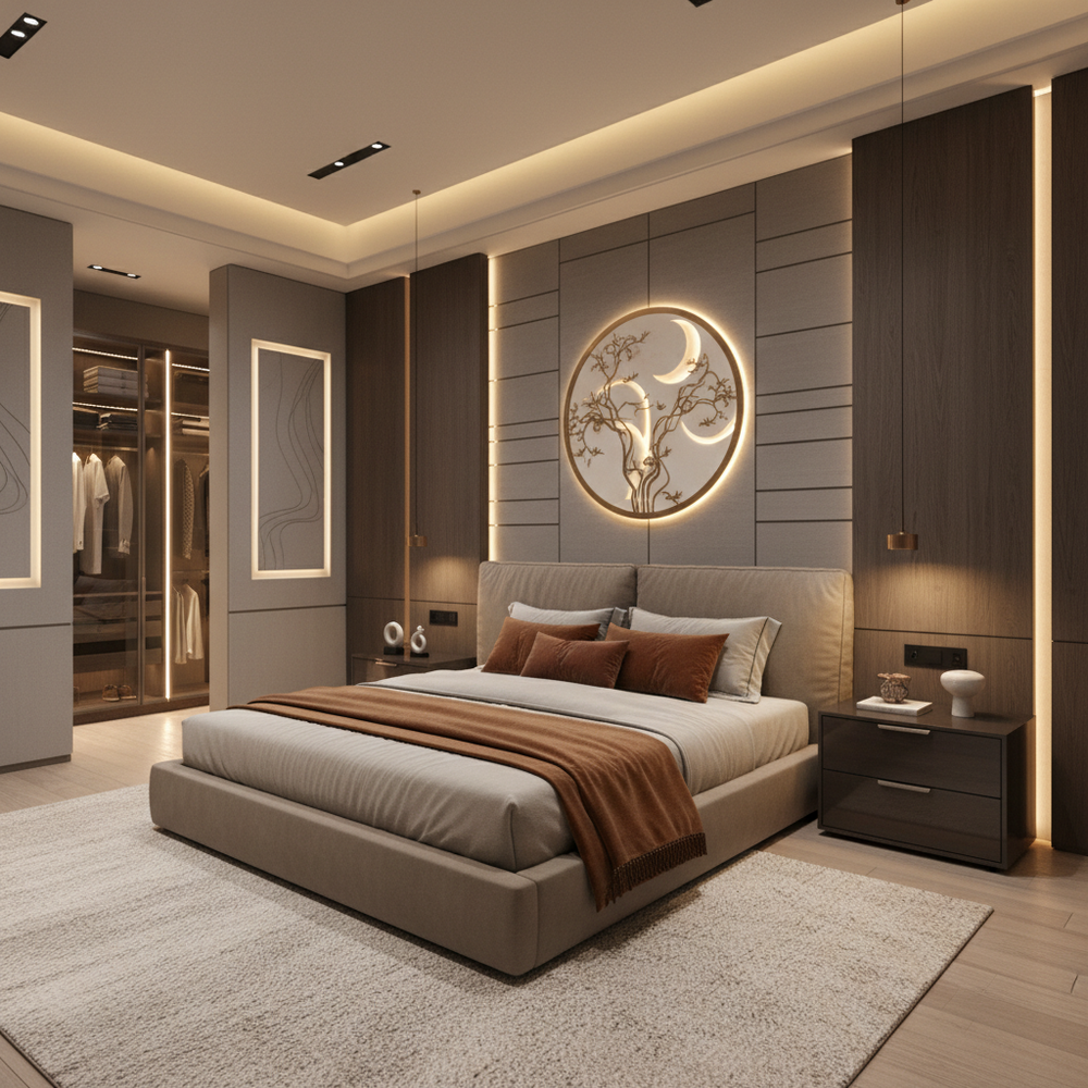 Modern Master Bedroom Design with Platform Bed and Storage Wall