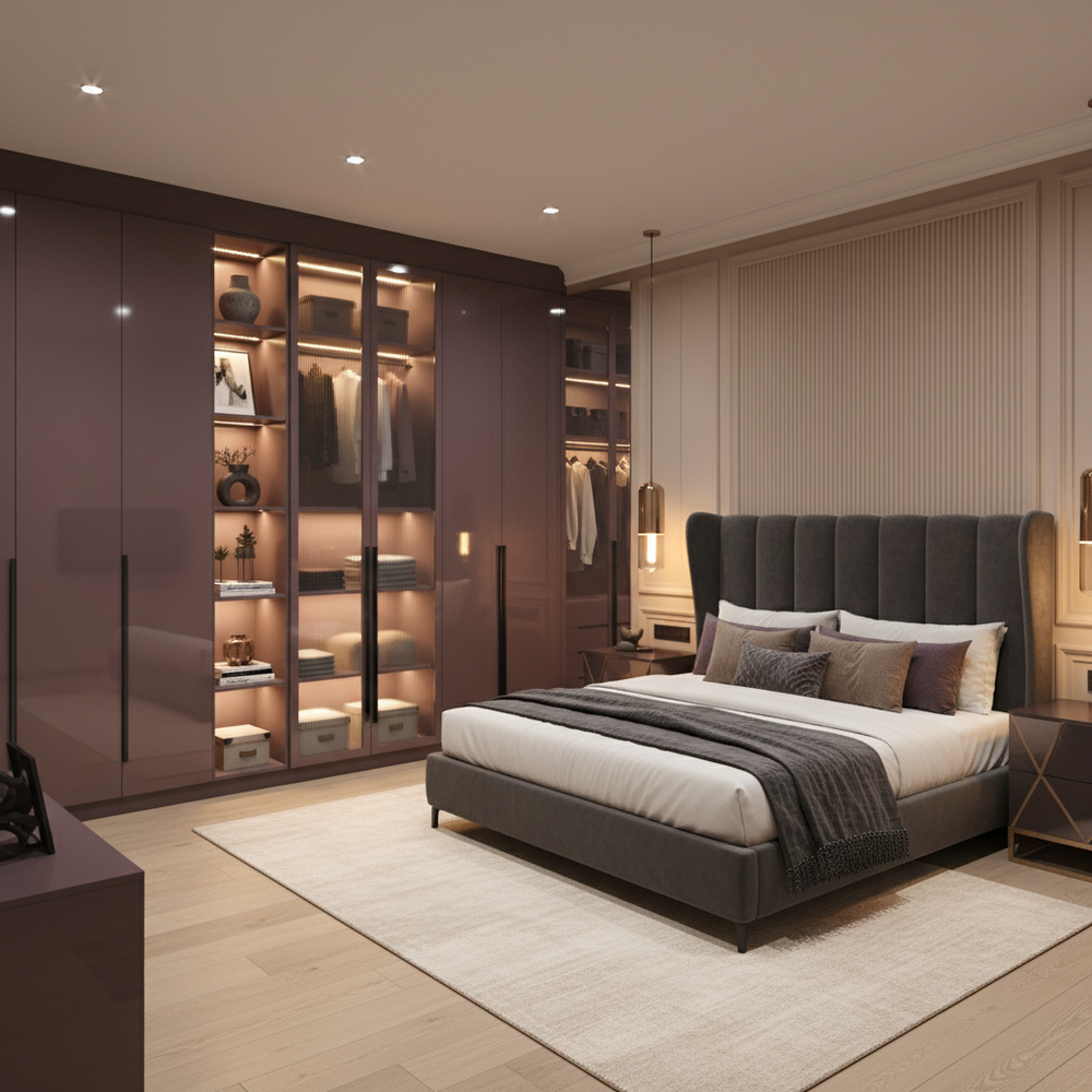 Modern Master Bedroom Design with Plum Wardrobes and Wingback Bed