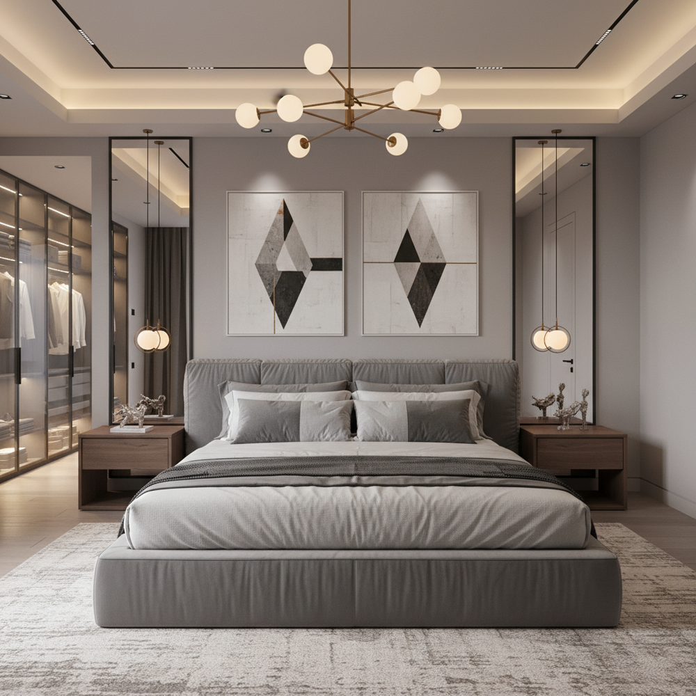 Modern Master Bedroom Design with Plush Grey Upholstered Bed