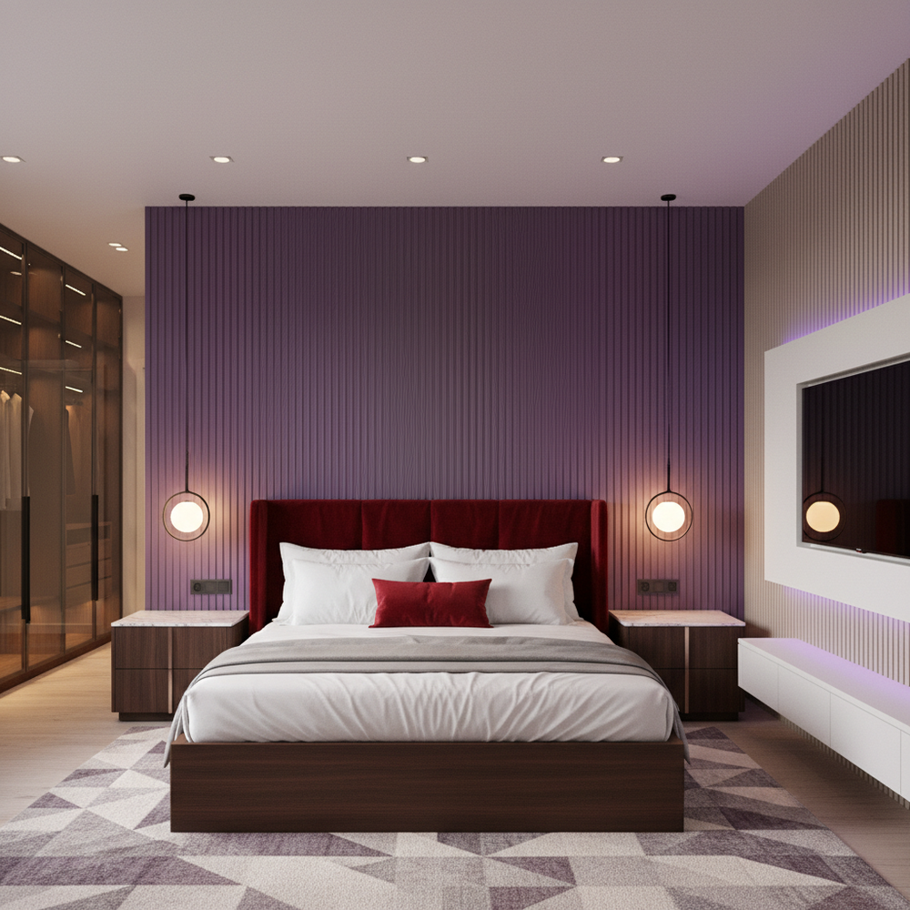 Modern Master Bedroom Design With Purple Floor-To-Ceiling Wall Panelling