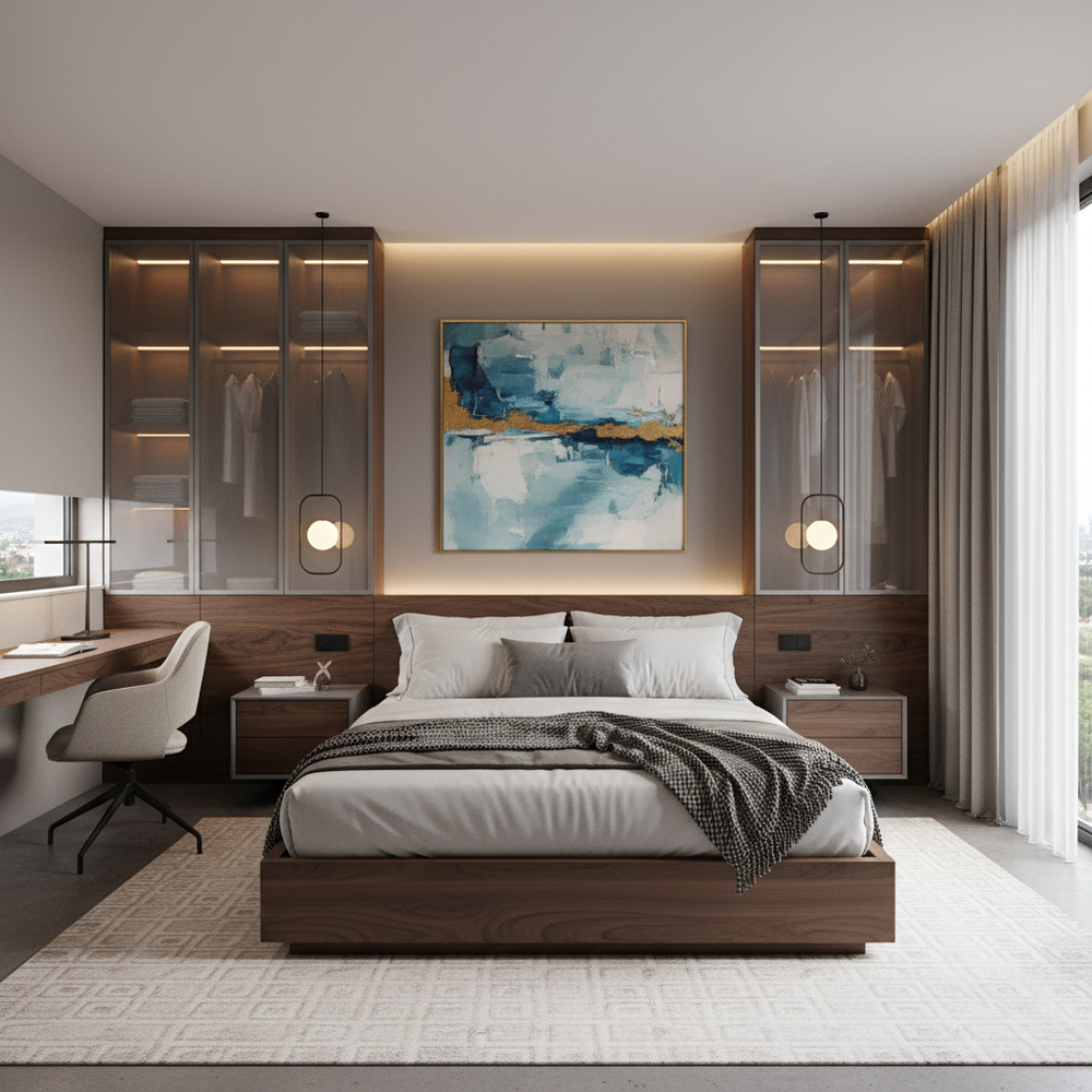 Modern Master Bedroom Design With Queen Bed and Pendant Lights