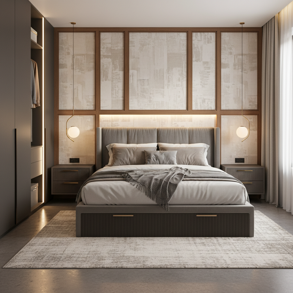 Modern Master Bedroom Design with Queen Bed and Under-Bed Storage
