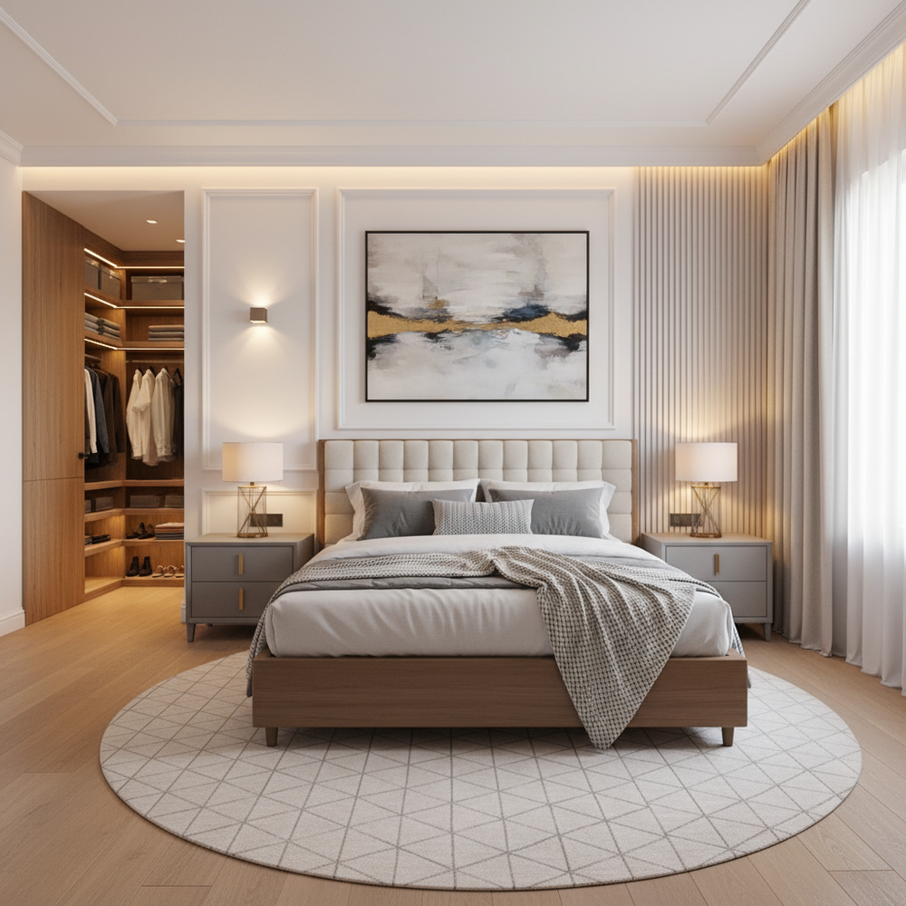 Modern Master Bedroom Design with Queen Bed and Wall Trims