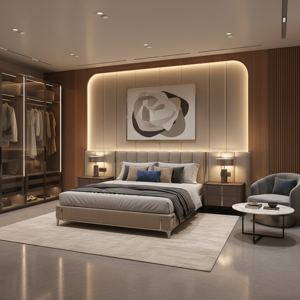 Modern Master Bedroom Design with Queen Bed, Sofa, and Curved Wall Panel