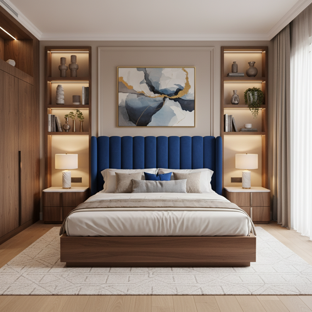 Modern Master Bedroom Design With Queen Sized Bed And Blue Tufted Headboard