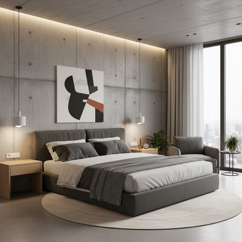 Modern Master Bedroom Design with Raw Concrete Feature Wall