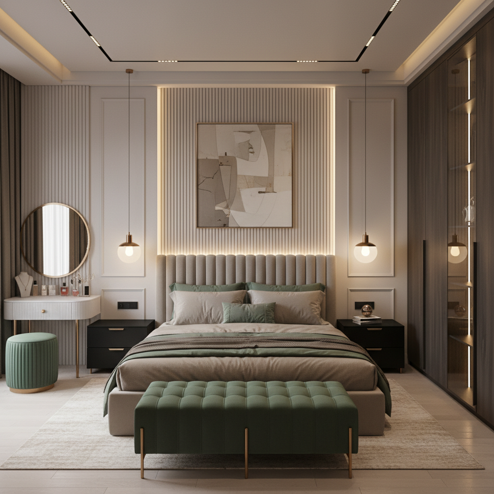 Modern Master Bedroom Design With Ribbed Headboard Bed and Vanity Unit