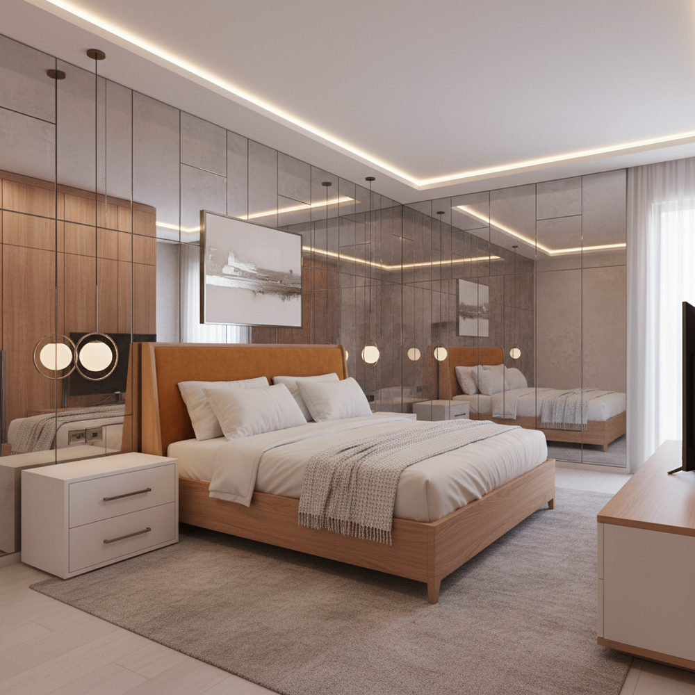 Modern Master Bedroom Design With Silver Accent Wall And Mirrored Panels