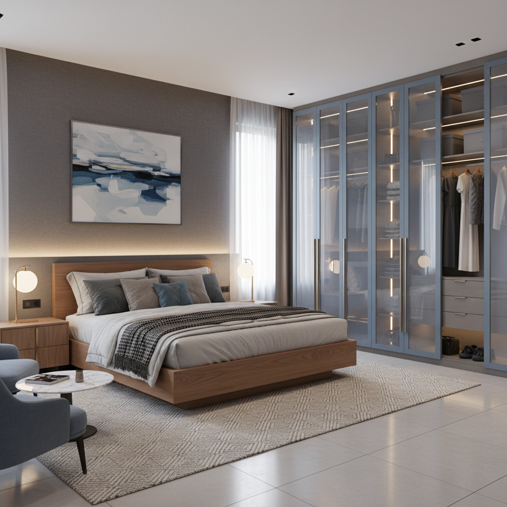 Modern Master Bedroom Design With Soothing Blue And Grey Wardrobe
