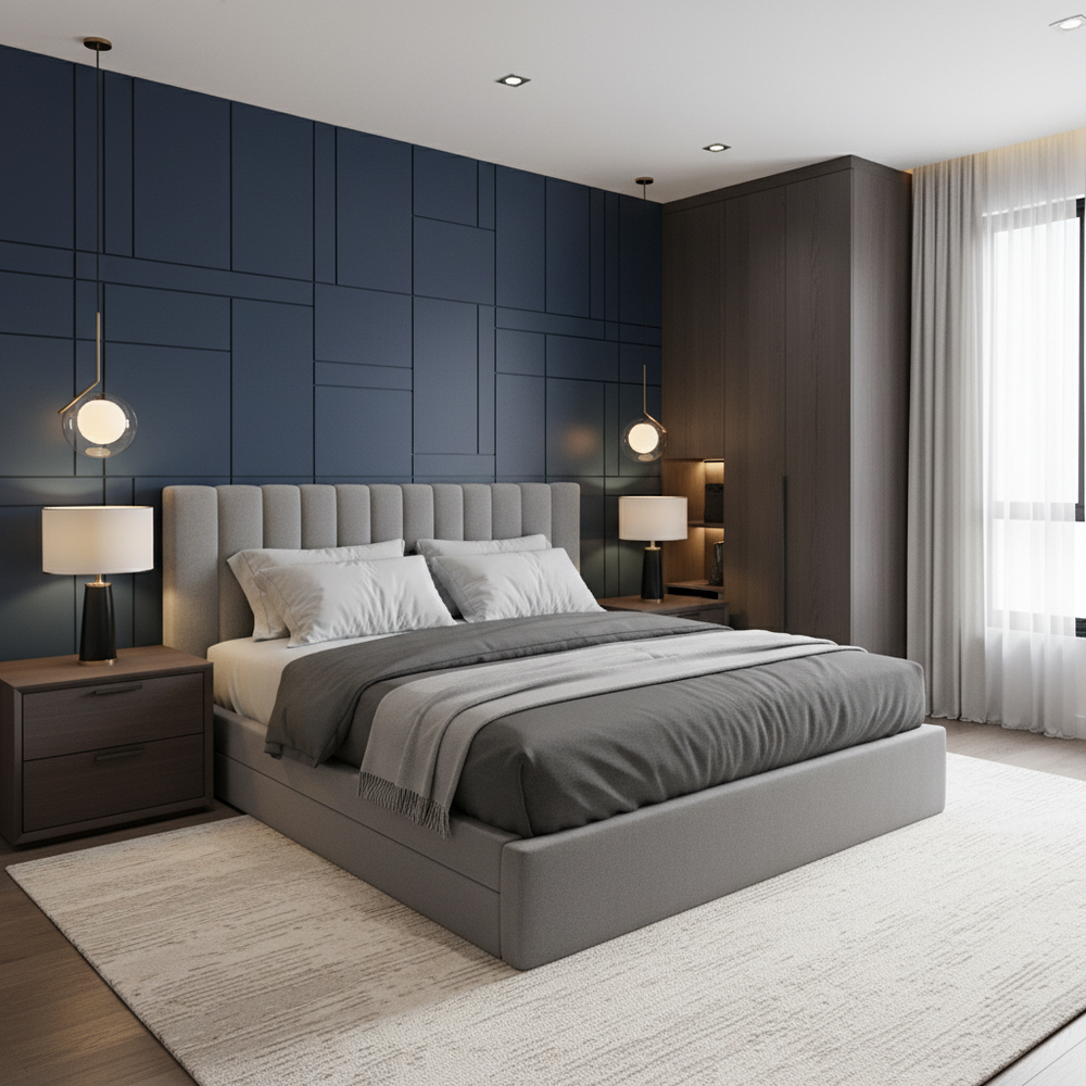 Modern Master Bedroom Design with Statement Accent Wall and Hydraulic Bed