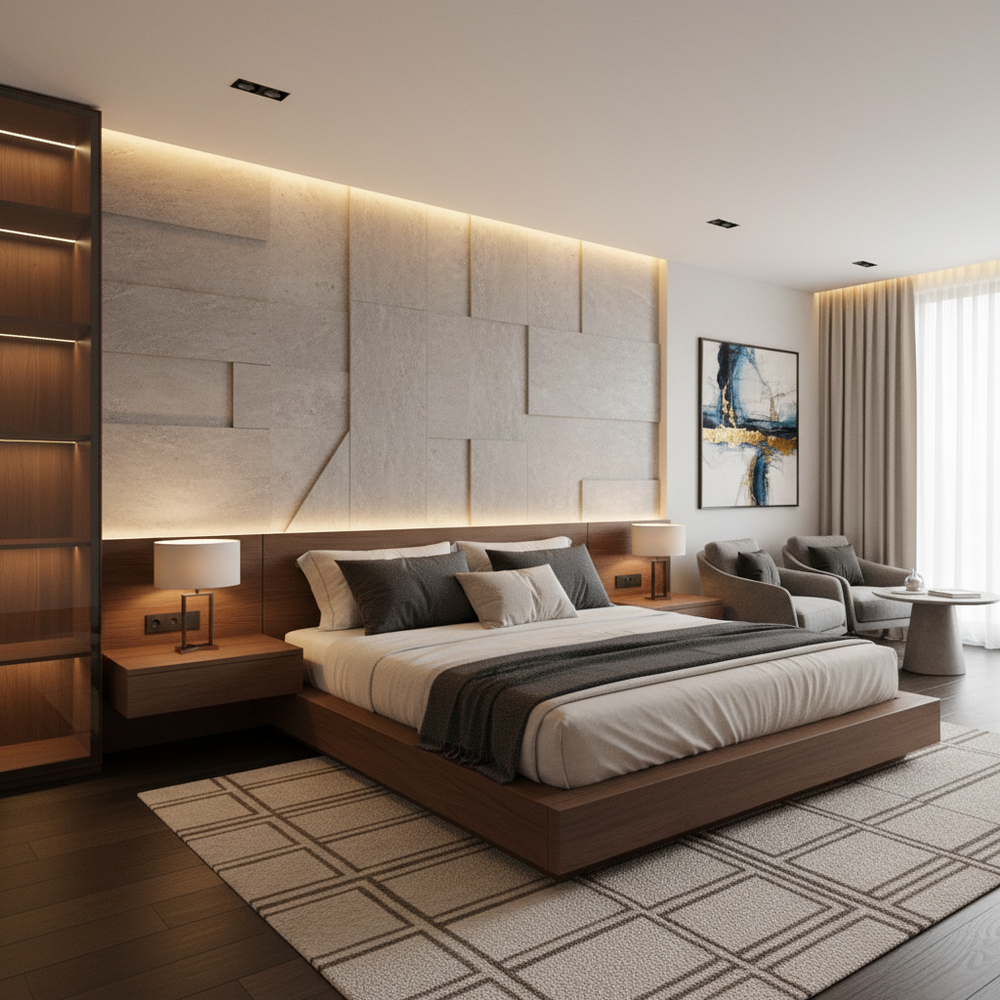 Modern Master Bedroom Design with Stone-Like Wall Finish and Low-Profile Platform Bed