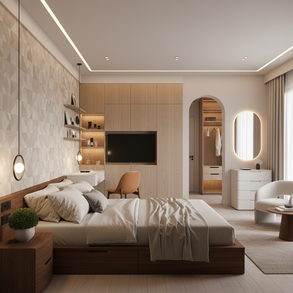 Modern Master Bedroom Design with Study and Built-In Storage Wall
