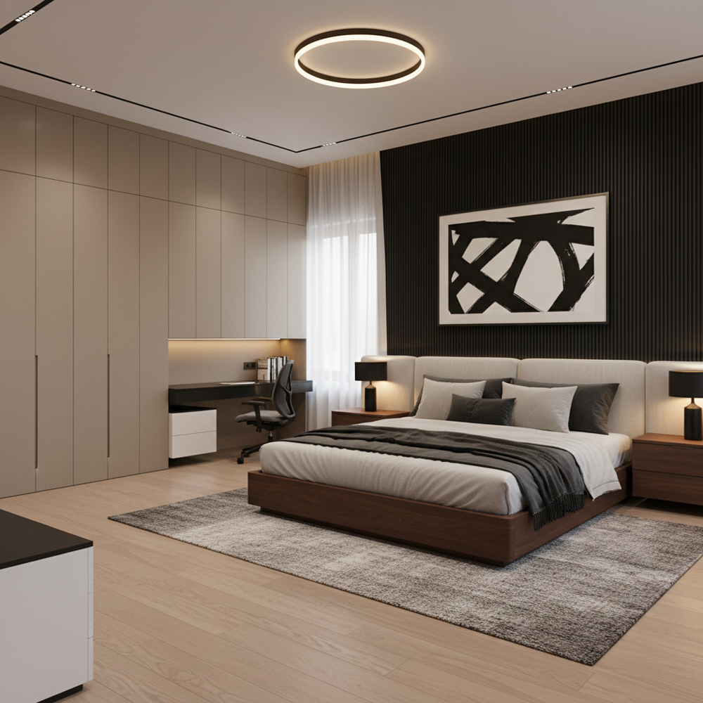Modern Master Bedroom Design With Tall Beige Storage Unit