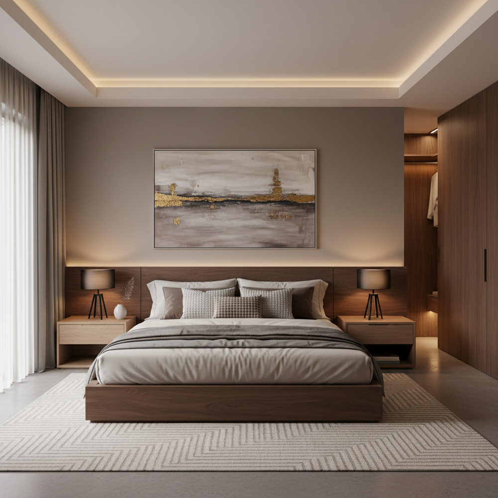 Modern Master Bedroom Design with Taupe Walls and Abstract Art