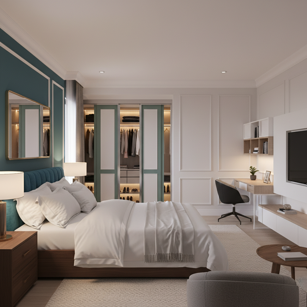 Modern Master Bedroom Design With Teal Blue Accent Wall And White Wall Trims