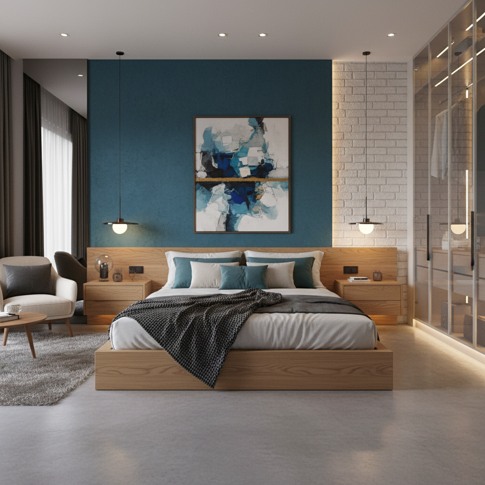 Modern Master Bedroom Design With Teal Blue Wall And Wooden Bed