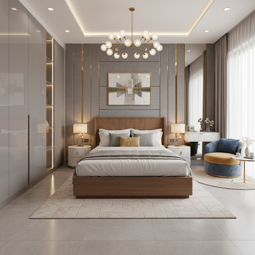 Modern Master Bedroom Design With Textured Grey Panels And Gold Stripes