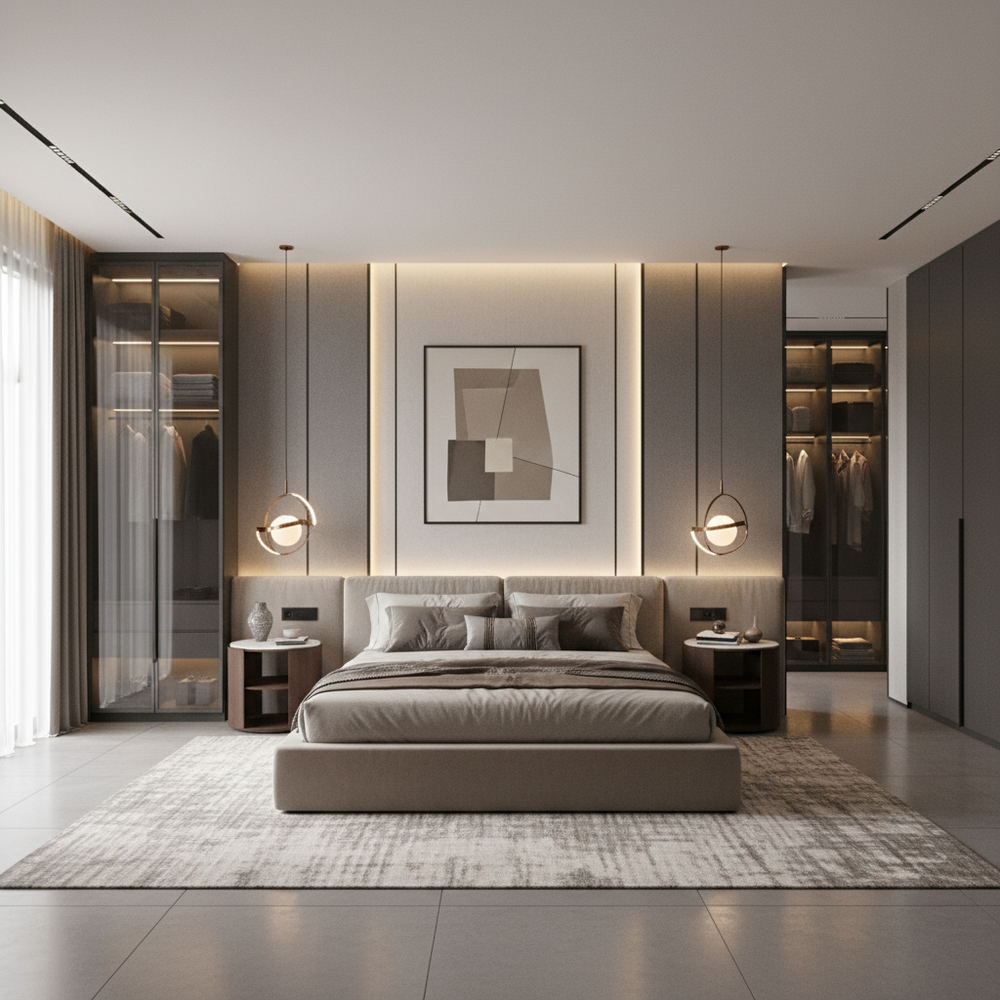 Modern Master Bedroom Design with Textured Panels and Matte Wardrobe