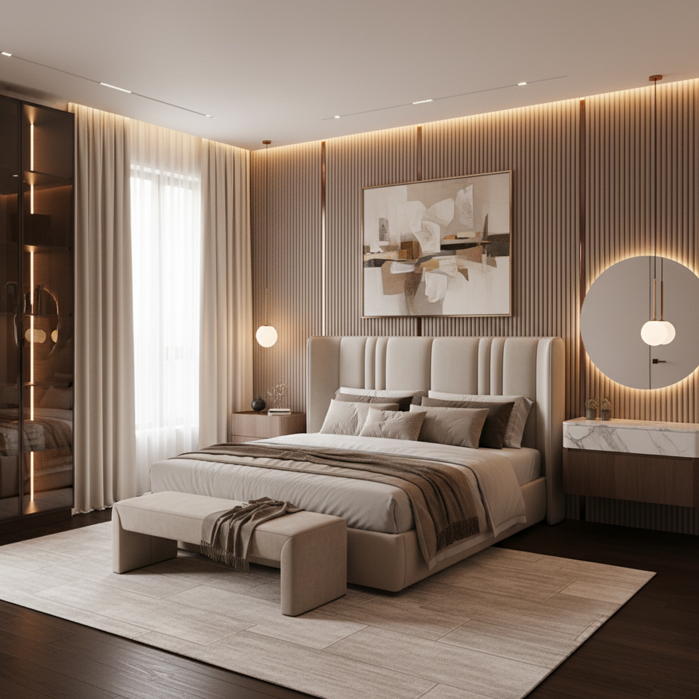 Modern Master Bedroom Design With Textured Wall and Floating Vanity