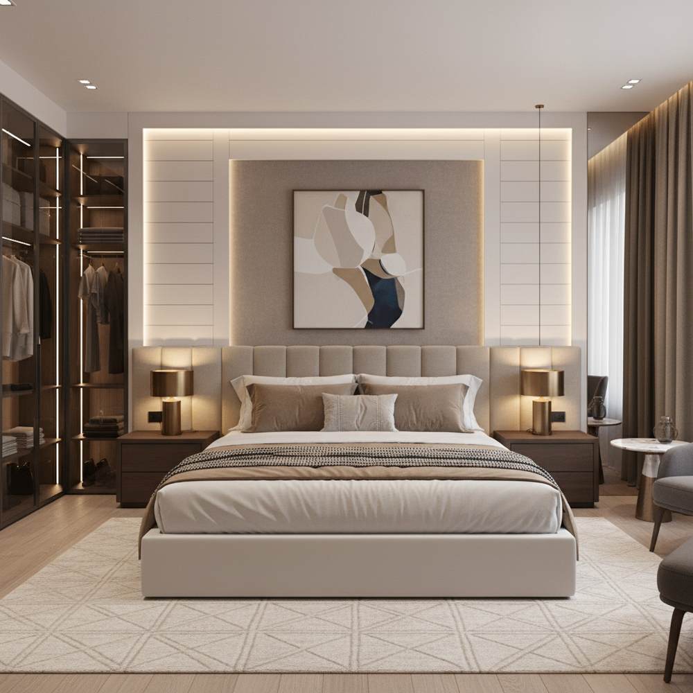 Modern Master Bedroom Design With Textured Walls and Tufted Bed