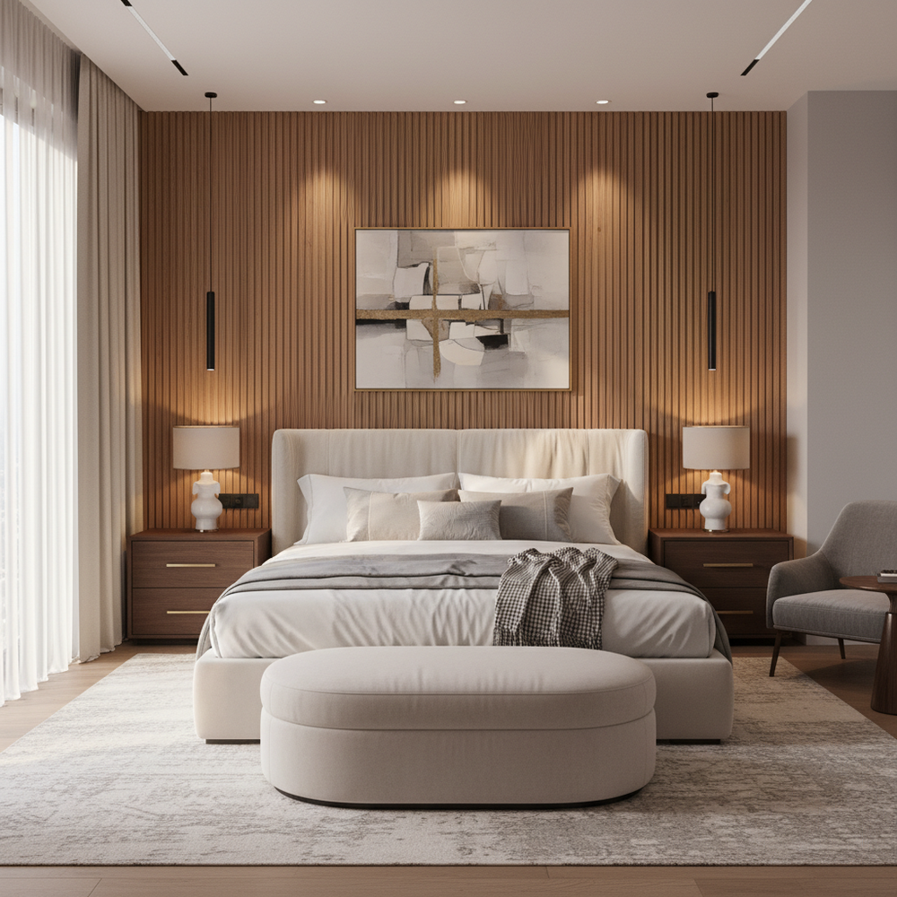 Modern Master Bedroom Design with Timber Slat Wall and Ottoman Bench
