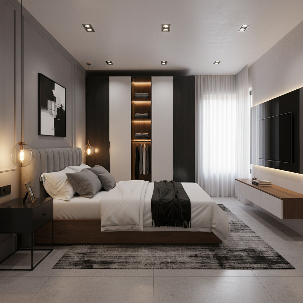 Modern Master Bedroom Design With Tri-Toned Swing Wardrobe