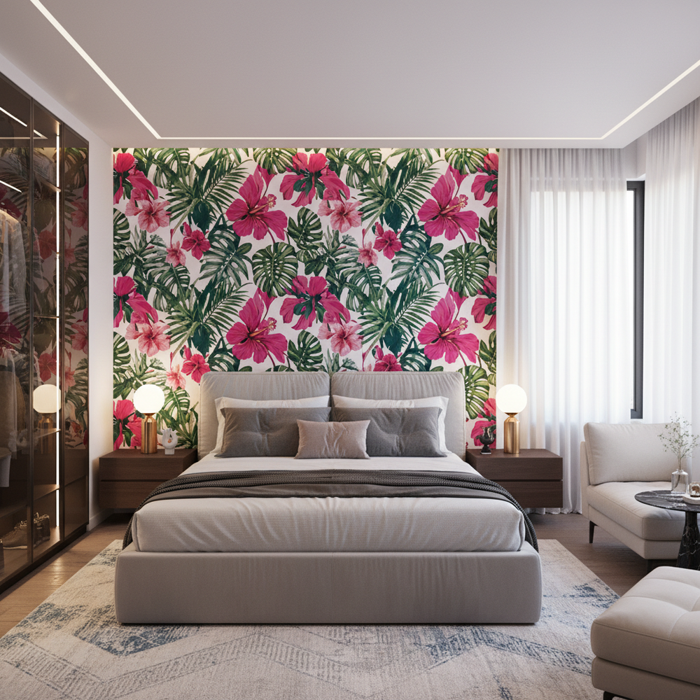 Modern Master Bedroom Design With Tropical Wallpaper