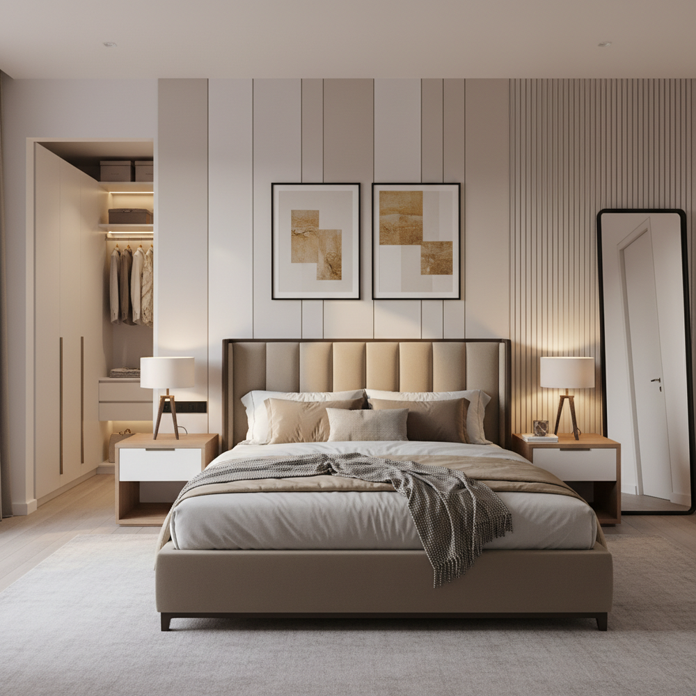 Modern Master Bedroom Design with Tufted Bed and Swing Wardrobe