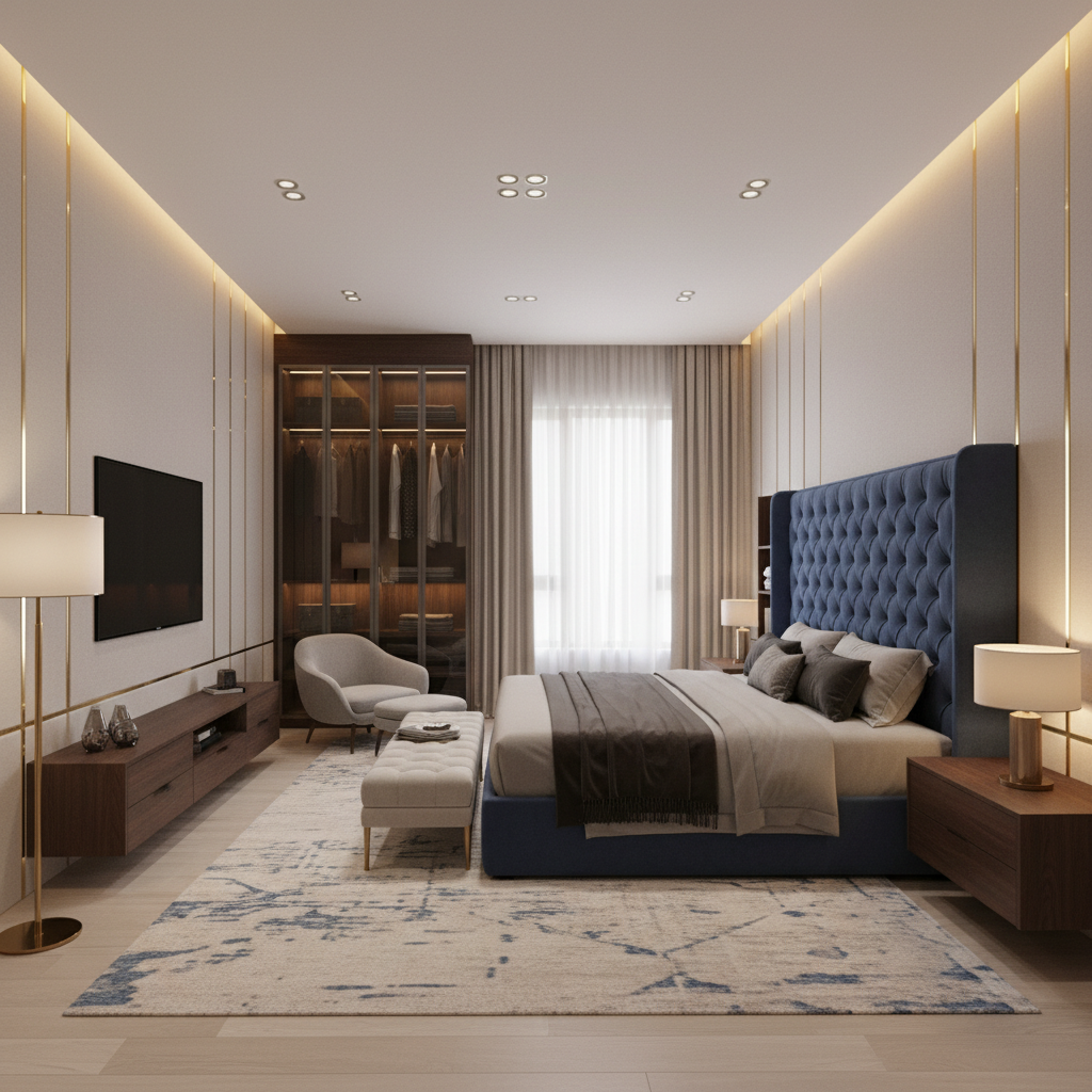 Modern Master Bedroom Design With Tufted Bed & Storage